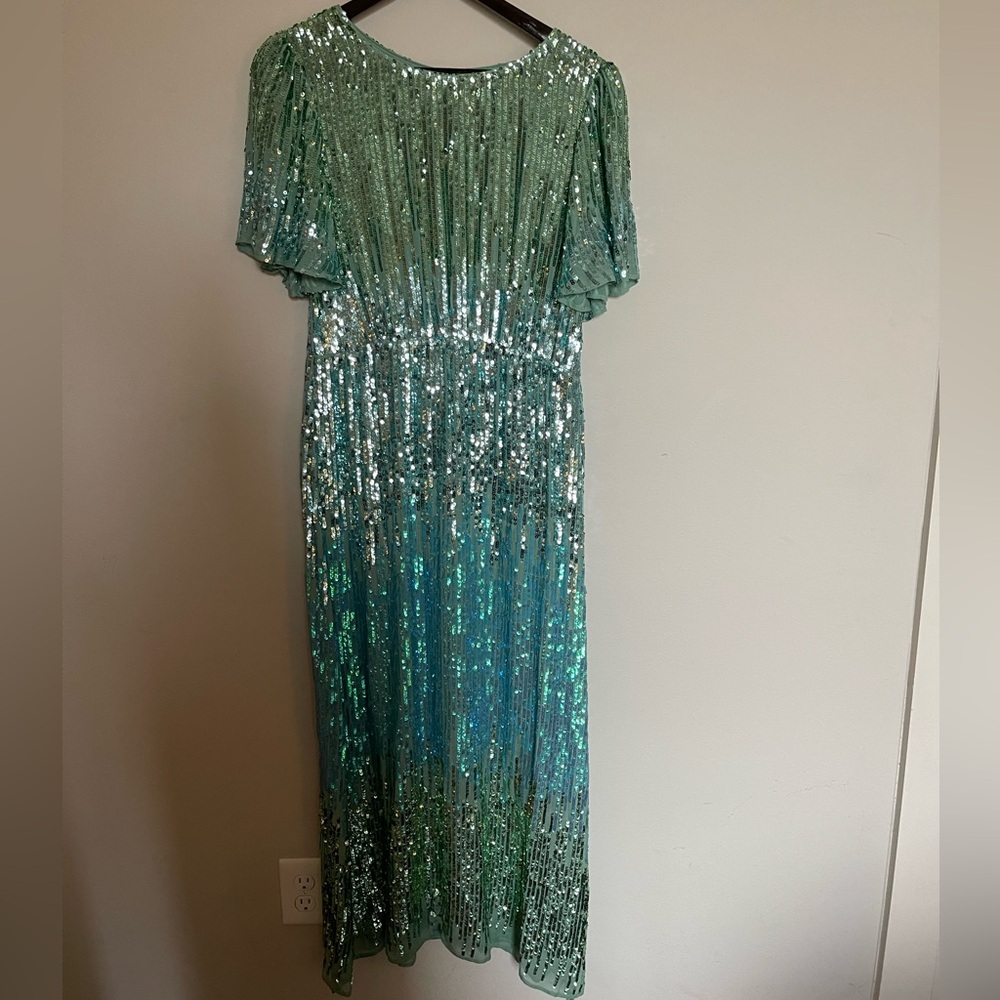 Rixo Sequin Ombré Aqua Turquoise Green Flutter Sleeve Midi Dress Gown - Picture 4 of 10